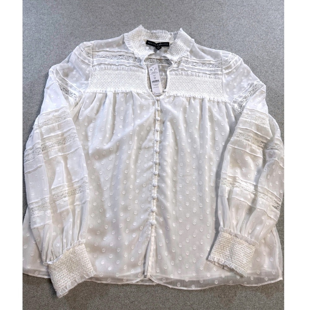 White House Black Market Lace Blouse Womens M Ecru Swiss Dot Sheer Button Front